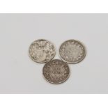 3 SILVER VICTORIAN SIXPENCES WITH DATES SUCH AS 1879 1880 1884