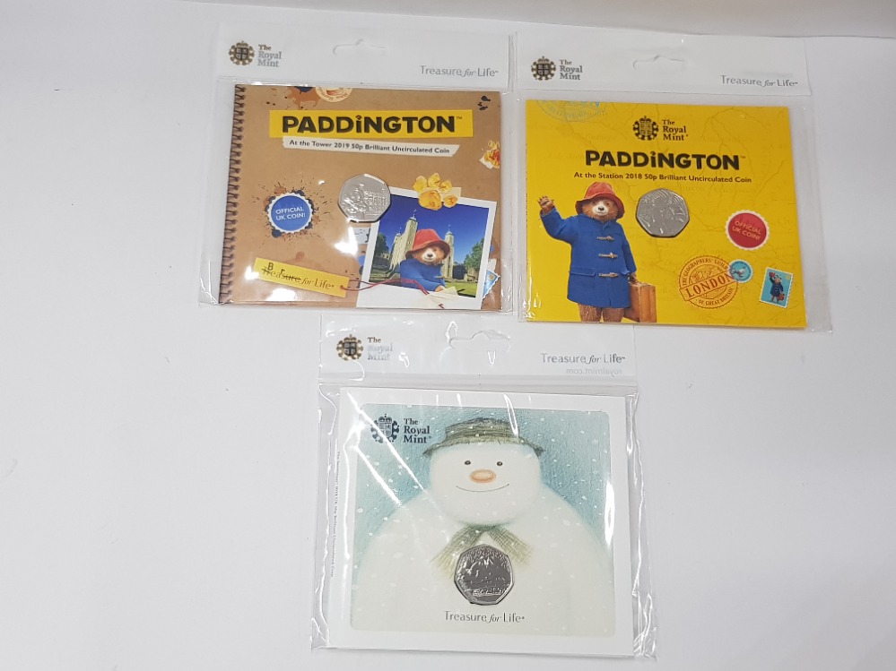 3 ROYAL MINT 50P PACKS INCLUDING 2018 AND 2019 PADDINGTON BEAR AND 2018 SNOWMAN UNCIRCULATED IN FINE