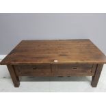 HEAVY SOLID OAK RECTANGULAR COFFEE TABLE WITH 2 DRAWERS 48CM X 130CM X 76CM