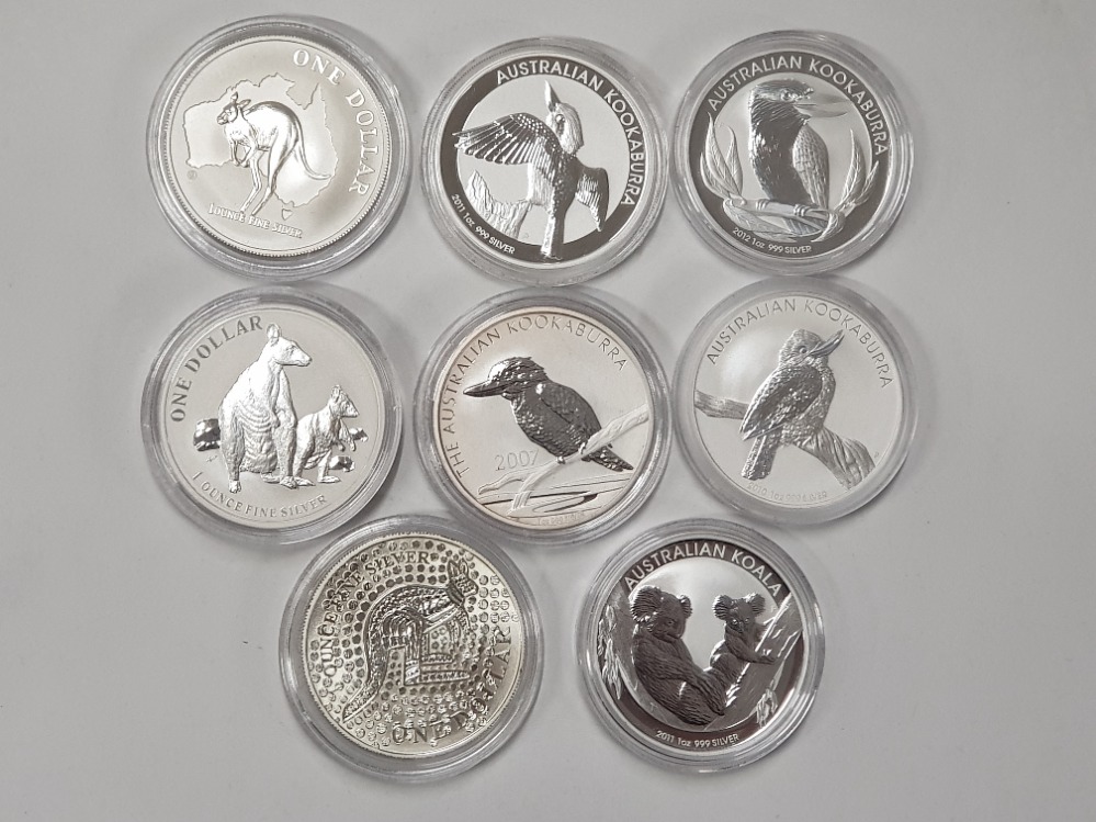 8 DIFFERENT SILVER ONE OUNCE COINS FROM AUSTRALIA, DATED BETWEEN 2000-2012 ALL PERFECT CONDITION