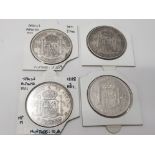 4 SPANISH SILVER 5 PESATAS DATED 1871, 1888, 1891, AND 1893