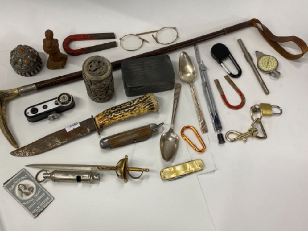 SMALL TRAY LOT OF EASTERN WHITE METAL BOXES INLAID STONES, BOY SCOUT WHISTLE AND PENKNIFE ALSO