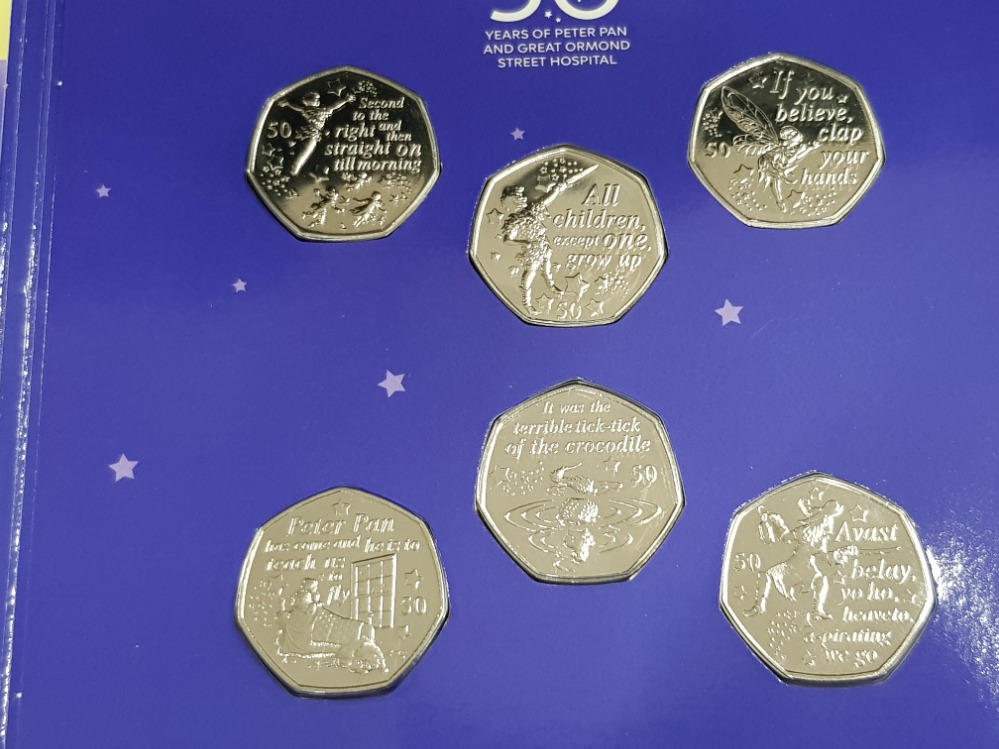 ISLE OF MAN 2019 50P PETER PAN SET OF 6 UNCIRCULATED COINS IN OFFICIAL PACK