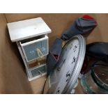 WICKER PICNIC BASKET, LARGE WALL CLOCK, TOILETRIES AND SMALL 3 DRAW STORAGE UNIT ETC