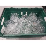A BOX OF MISCELLANEOUS GLASSWARE TO INCLUDE CRYSTAL DECANTER WITH STOPPER WHISKEY TUMBLERS ETC