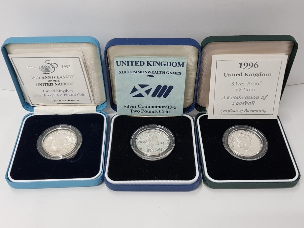 3 ROYAL MINT UK SILVER PROOF 2 POUND COINS INCLUDES 1986 COMMONWEALTH GAMES, 1995 UN AND 1996 - Bild 3 aus 3