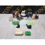 BLACK BOX OF ANIMAL FIGURES INCLUDES BEDLINGTON TERRIER GLASS BOX OLD TINS BESWICK WHISKY IN FORM OF