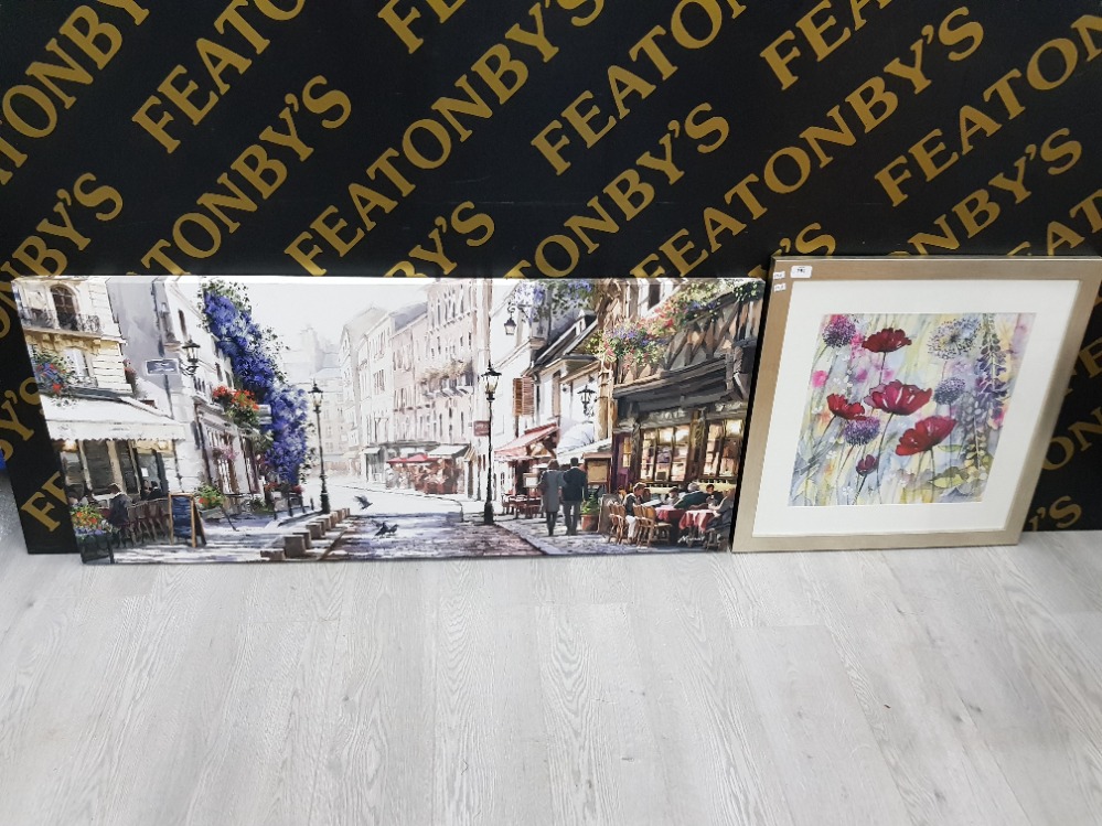 PRINT ON CANVAS OF A STREET SCENE AND SILVERED FRAMED PRINT OF POPPIES SIGNED MACNEIL AND INDISTINCT