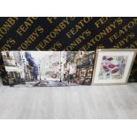 PRINT ON CANVAS OF A STREET SCENE AND SILVERED FRAMED PRINT OF POPPIES SIGNED MACNEIL AND INDISTINCT