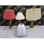 3 BRASS TABLE LAMPS TOGETHER WITH 4 NEW SILVERED LAMP SHADES