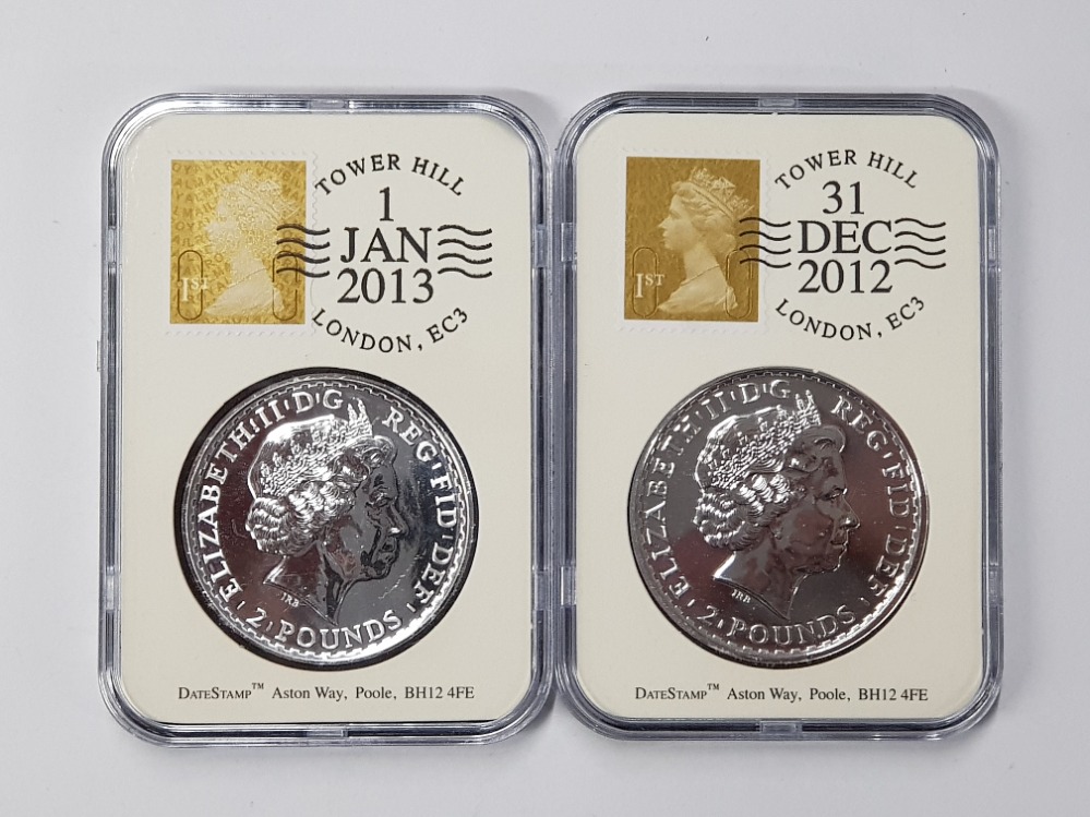 2 UK SILVER ONE OUNCE BRITANNIA COINS DATED 2012 AND 2013, PRESENTED IN WESTMINSTER DISPLAY CASE - Bild 3 aus 3