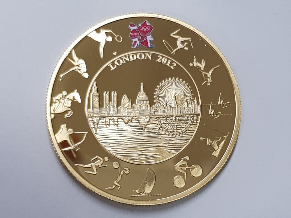 ROYAL MINT UK 2012 OLYMPICS 5 POUNDS GOLD PLATED SILVER PROOF COIN IN OFFICIAL CASE OF ISSUE WITH - Bild 2 aus 3