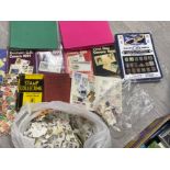 BOX OF MIXED LOOSE STAMPS AND FIRST DAY COVERS AND STAMP PRICE GUIDES