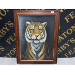 OIL PAINTING OF A TIGER INDISTINCTLY SIGNED 60X45CM