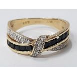 9CT YELLOW GOLD RING WITH DIAMONDS AND BLACK STONES, 2.9G SIZE N