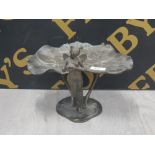 AN ART NOUVEAU STYLE BRONZED METAL COMPORT WITH FAIRY AND LILY PAD DECORATION 19.5CM HIGH