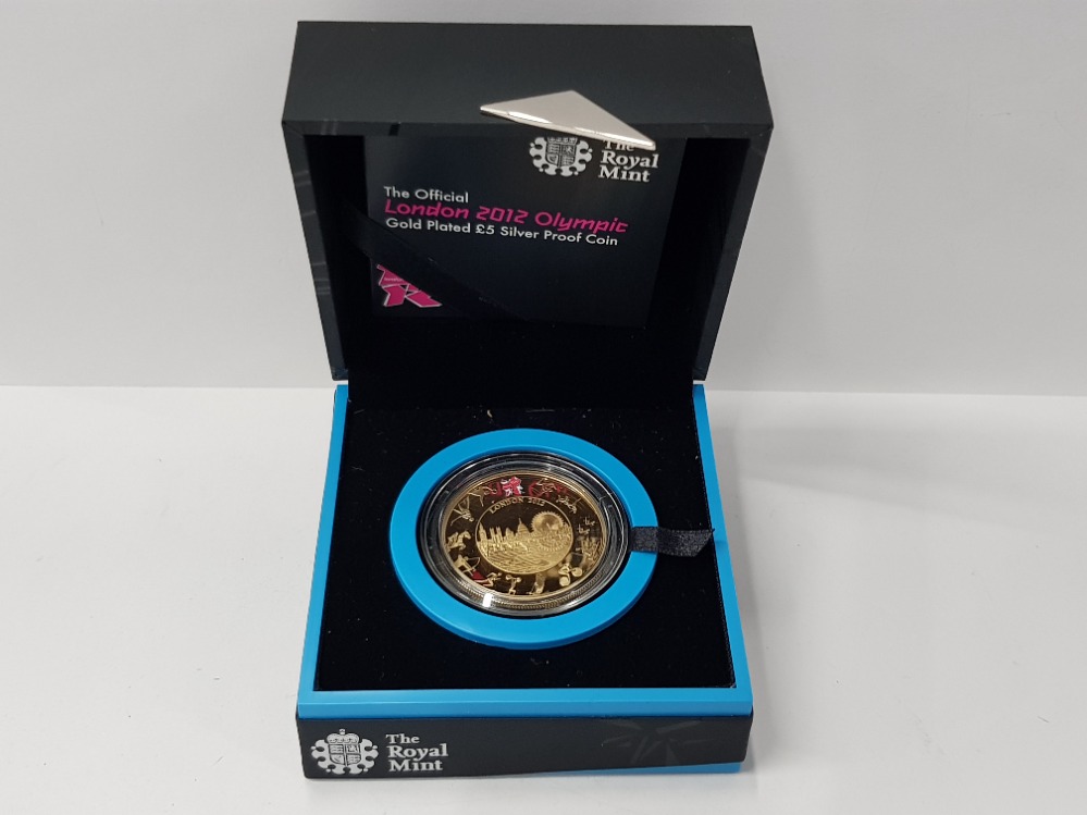 ROYAL MINT UK 2012 OLYMPICS 5 POUNDS GOLD PLATED SILVER PROOF COIN IN OFFICIAL CASE OF ISSUE WITH