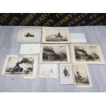 6 ETCHINGS/ ENGRAVINGS DEPICTING BATTLE SHIPS UNSIGNED, THREE DRAWINGS AND A PHOTOGRAPH OF A CAPTAIN