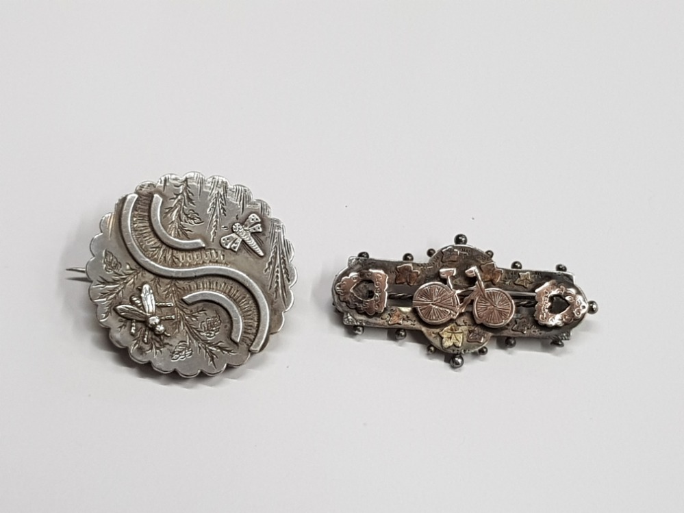 2 VERY UNUSUAL VICTORIAN SILVER BROOCHES INCLDUES LARGE LOCKET BACKED BUG BROOCH AND A 1896 BROOCH