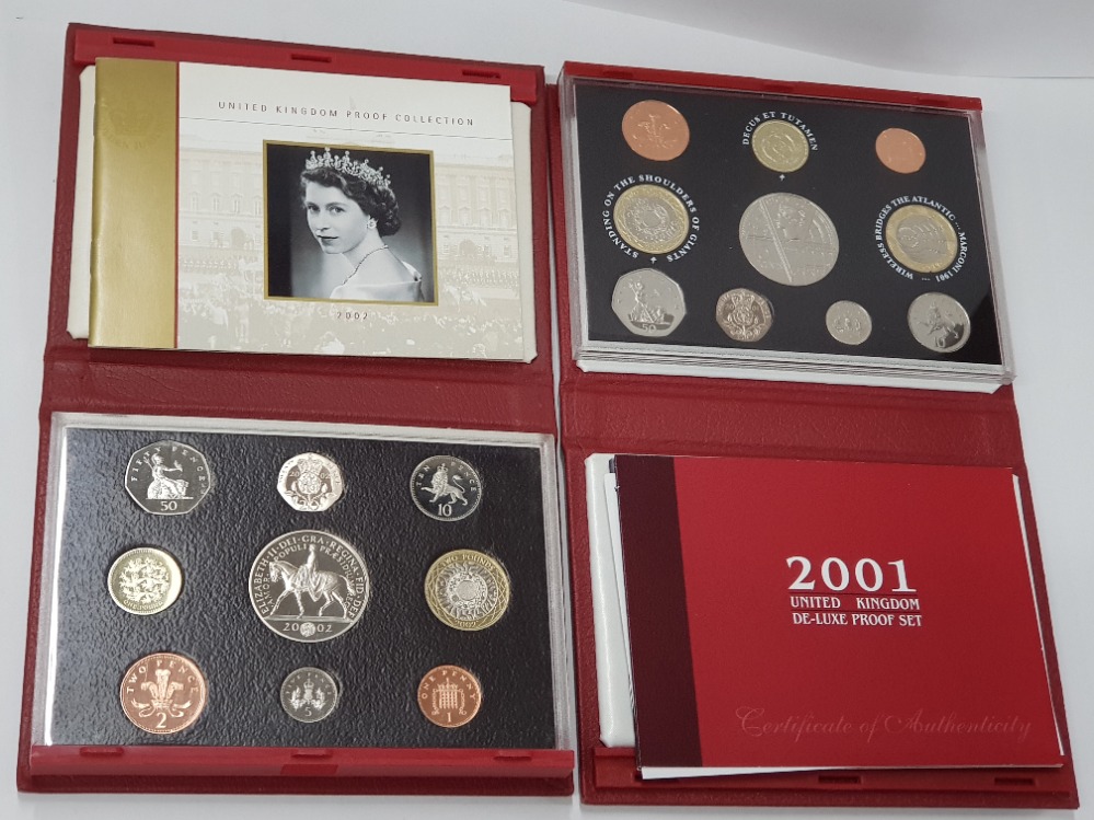 2 ROYAL MINT UK 2001 AND 2002 PROOF YEAR SETS COMPLETE IN ORIGINAL CASES WITH CERTIFICATES