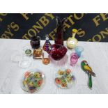 GLASSWARE TO INCLUDE SOWERBY RED TRIFORM DISH ENAMELLED VASE BARK PATTERN STYLE VASE ETC