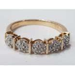 9CT YELLOW GOLD RING WITH 5 SMALL DIAMOND CLUSTERS, 2.6G GROSS SIZE M