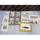 5 UNFRAMED WATERCOLOURS CONTINENTAL SCENES, 2 INK DRAWINGS TOGETHER WITH ETCHINGS AND ONE PRINT