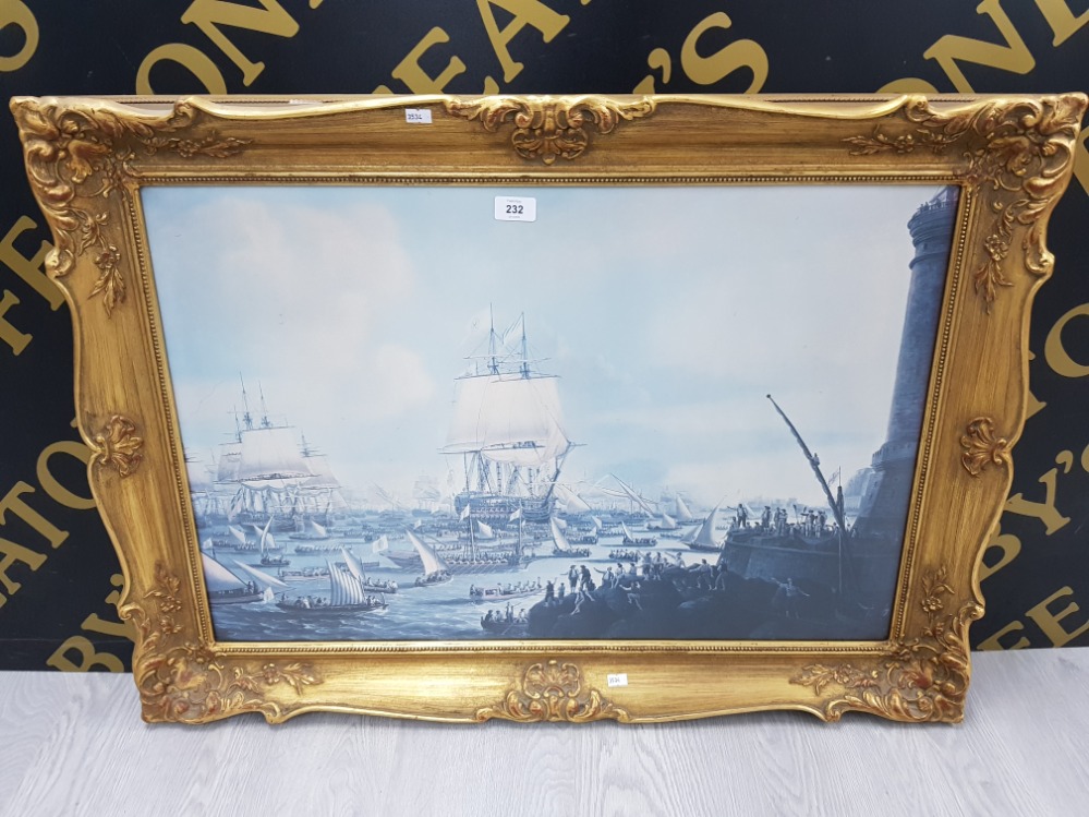 A COLOUR PRINT OF DENT HARBOUR IN ORNATE GILT FRAME 65 X 90CM