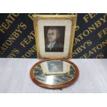 ORNATE GILT FRAMED PICTURE OF A GENTLEMAN TOGETHER WITH EARLY 1900S OVAL SHAPED INLAID MAHOGANY