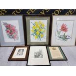 5 FRAMED ITEMS TO INCLUDE 3 STILL LIFE WATERCOLOURS