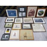 COLLECTION OF 16 FRAMED PICTURES INCLUDING A HAND COLOURED MAP OF DURHAM BY ROBERT MORDEN