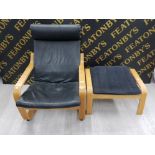A BENTWOOD BLACK LEATHER OPEN ARMCHAIR TOGETHER WITH A FOOTSTOOL WITH BLACK FABRIC UPHOLSTERY BY