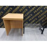 A SMALL LAMINATE DESK UNIT AND SHOE RACK