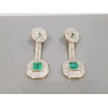 14CT YELLOW GOLD EMERALD AND DIAMOND DROP EARRINGS COMPRISING OF A CIRCLE DIAMOND WITH EMERALD