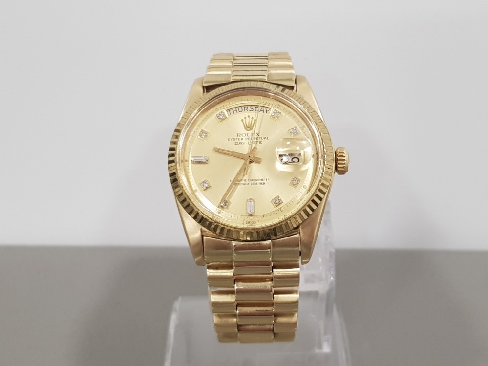 ROLEX GENTS 18CT YELLOW GOLD DAYDATE WATCH DIAMOND DOT CHAMPAGNE DIAL PRESIDENT GOLD STRAP IN GOOD