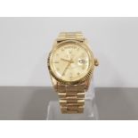 ROLEX GENTS 18CT YELLOW GOLD DAYDATE WATCH DIAMOND DOT CHAMPAGNE DIAL PRESIDENT GOLD STRAP IN GOOD