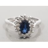 18CT WHITE GOLD SAPPHIRE AND DIAMOND CLUSTER RING 4.3G SIZE M