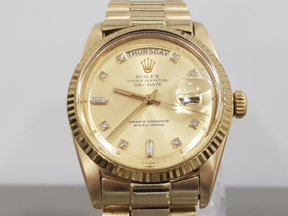 ROLEX GENTS 18CT YELLOW GOLD DAYDATE WATCH DIAMOND DOT CHAMPAGNE DIAL PRESIDENT GOLD STRAP IN GOOD - Image 4 of 4
