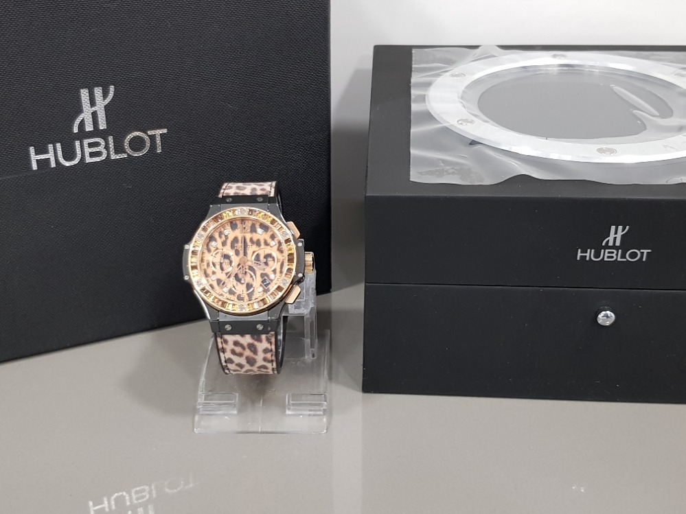 18CT ROSE GOLD HUBLOT BIG BANG LIMITED EDITION LEOPARD PRINT DIAMOND DOT DIAL IN GOOD WORKING ORDER