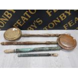 2 ANTIQUE GARDEN SPRAYERS PLUS A BRASS AND A COPPER BED WARMER