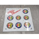 VINTAGE ALFA ROMEO ENAMELLED CAR ADVERTISING PLAQUE WITH VARIOUS OLD AND NEW BADGES DATING FROM 1910