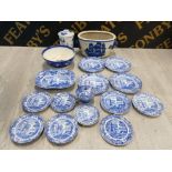 A LOT OF BLUE AND WHITE TO INCLUDE SPODE TEAPOT STAND TWIN HANDLED URN WITH LID ETC