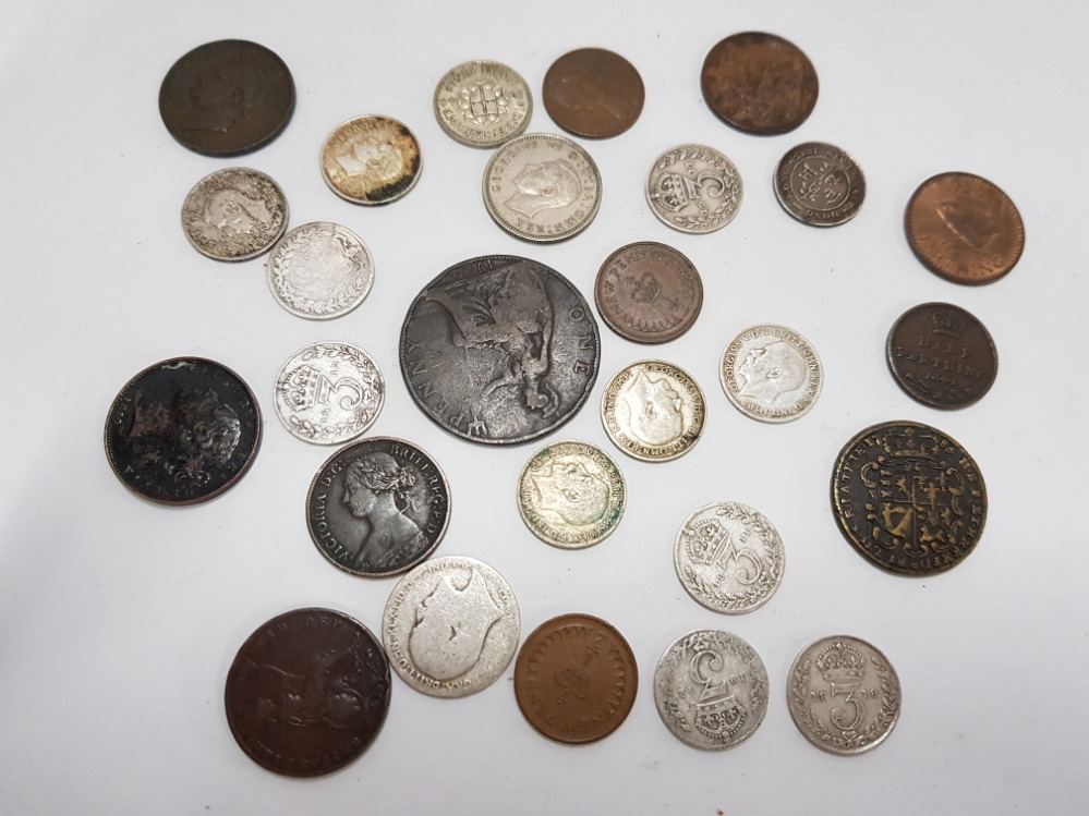 MIXED COLLECTION OF UK COINAGE INCLUDING KEY DATES 1956 1/4 D, 1952 6D, 1844 1/2 OF FARTHING ETC