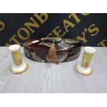 A PAIR OF ROYAL WORCESTER VERSAILLES 5 INCH CANDLESTICKS AND A PAISLEY STYLE GREY AND BROWN DISH