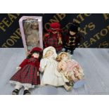 5 PORCELAIN HEADED DOLLS PLUS 1 STILL BOXED