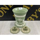 SAGE GREEN WEDGWOOD JASPER WARE VASE 18CM AND A PAIR OF CANDLE HOLDERS