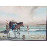 AN OIL ON BOARD BY FREDRICK TORDOFF 'THE SEAWEED GATHERERS' SIGNED AND INSCRIBED 22 X 29CM