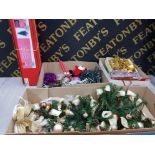 4 BOXES OF CHRISTMAS ITEMS INCLUDING LIGHTS, 3FT XMAS TREE, BAUBLES AND A LARGE DOOR DECORATION