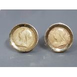 A PAIR OF 22CT GOLD OLD HEAD VICTORIA HALF SOVEREIGN CUFF LINKS WITH 9CT GOLD CUFFS