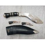 KUKRI KNIFE WITH 2 SMALL KNIVES AND SHEATH 1 WITH DAMAGED TIP